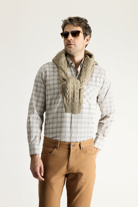 Açık Bej Uzun Kol Regular Fit Ekose Pamuklu Düğmeli Yaka Gömlek