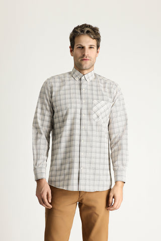  Aç?k Bej Uzun Kol Regular Fit Ekose Pamuklu Kolay Ütülenebilir Dü?meli Yaka Gömlek-Ki??l?