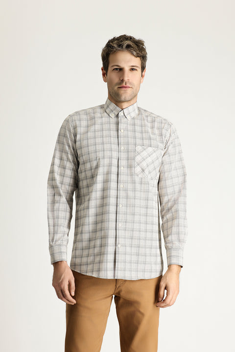 Açık Bej Uzun Kol Regular Fit Ekose Pamuklu Düğmeli Yaka Gömlek