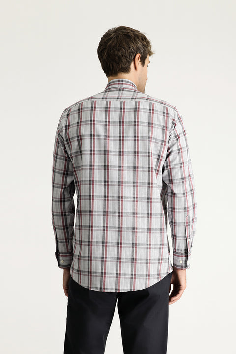 Red Long-Sleeve Regular Fit Plaid Easy-Iron Button-Down Collar Sports Shirt