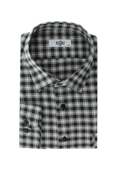 Açık Siyah Büyük Beden Uzun Kol Ekose Pamuklu Kolay Ütülenebilir Oduncu Gömlek