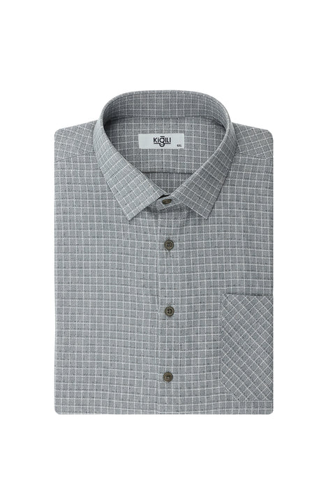 Açık Gri Büyük Beden Uzun Kol Ekose Pamuklu Kolay Ütülenebilir Cepli Oduncu Gömlek