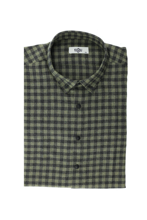 Açık Haki Büyük Beden Uzun Kol Ekose Pamuklu Kolay Ütülenebilir Düğmeli Yaka Oduncu Gömlek