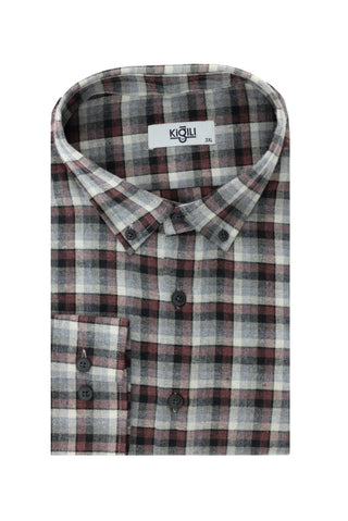  Açık Bordo Büyük Beden Uzun Kol Ekose Pamuklu Kolay Ütülenebilir Düğmeli Yaka Oduncu Gömlek