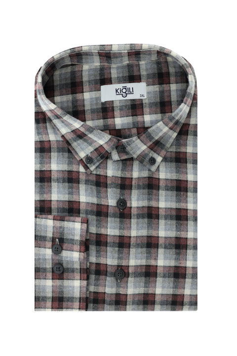 Açık Bordo Büyük Beden Uzun Kol Ekose Pamuklu Kolay Ütülenebilir Düğmeli Yaka Oduncu Gömlek