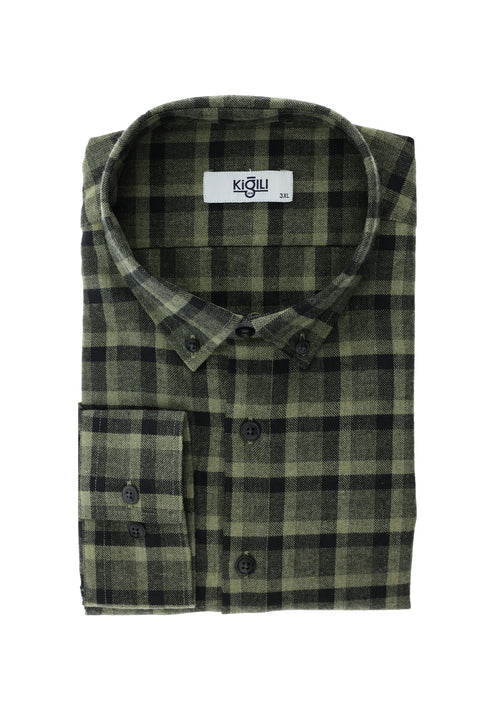 Açık Haki Büyük Beden Uzun Kol Ekose Pamuklu Kolay Ütülenebilir Düğmeli Yaka Oduncu Gömlek