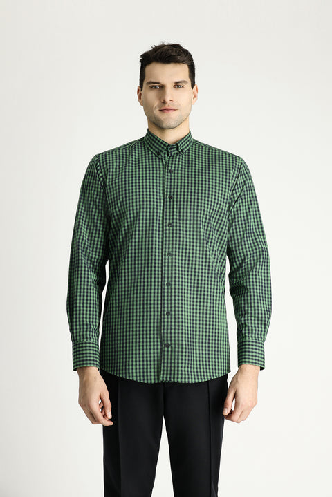 Koyu Yeşil Uzun Kol Regular Fit Oduncu Ekose Pamuklu Kolay Ütülenebilir Düğmeli Yaka Gömlek