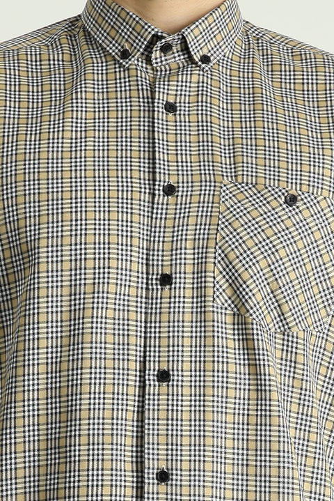 Orta Bej Uzun Kol Regular Fit Oduncu Ekose Pamuklu Kolay Ütülenebilir Gömlek