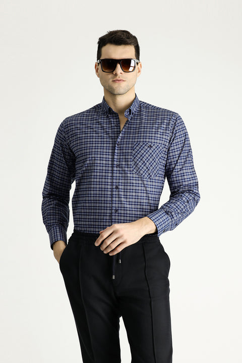 Orta Gri Uzun Kol Regular Fit Düğmeli Yaka Pamuklu Kolay Ütülenebilir Kareli Ekose Gömlek