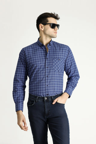  Mavi Uzun Kol Regular Fit Ekose Pamuklu Kolay Ütülenebilir Düğmeli Yaka Gömlek