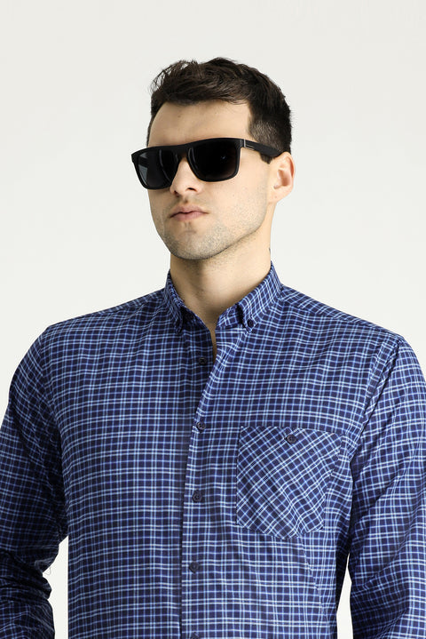 Mavi Uzun Kol Regular Fit Düğmeli Yaka Pamuklu Kolay Ütülenebilir Kareli Ekose Gömlek