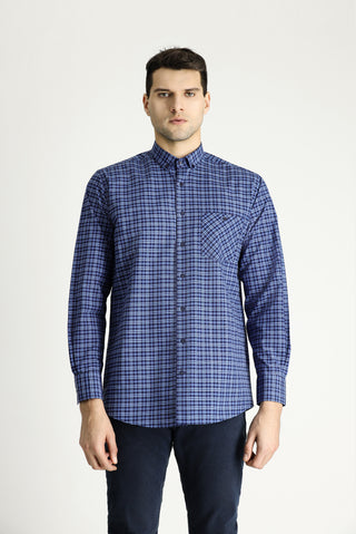  Mavi Uzun Kol Regular Fit Ekose Pamuklu Kolay Ütülenebilir Düğmeli Yaka Gömlek