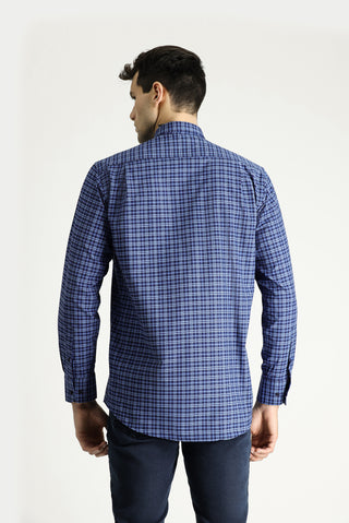  Mavi Uzun Kol Regular Fit Düğmeli Yaka Pamuklu Kolay Ütülenebilir Kareli Ekose Gömlek