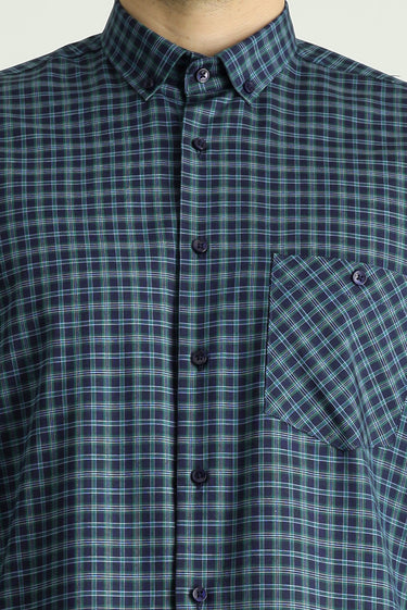 Koyu Yeşil Uzun Kol Regular Fit Ekose Pamuklu Kolay Ütülenebilir Düğmeli Yaka Gömlek