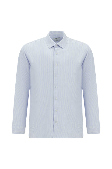 Açık Mavi Uzun Kol Slim Fit Dar Kesim Pamuk Klasik Desenli Gömlek