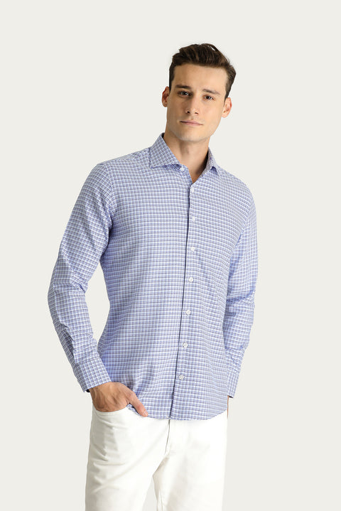 Koyu Mavi  Uzun Kol Slim Fit Dar Kesim Desenli Pamuk Gömlek