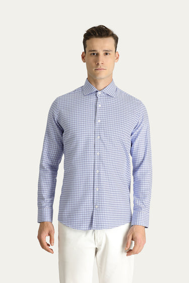 Koyu Mavi  Uzun Kol Slim Fit Dar Kesim Desenli Pamuk Gömlek