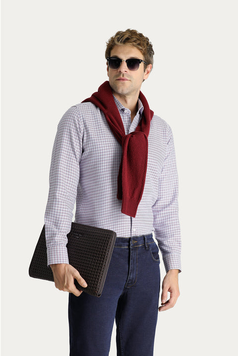 Koyu Bordo Uzun Kol Slim Fit Dar Kesim Desenli Pamuk Gömlek