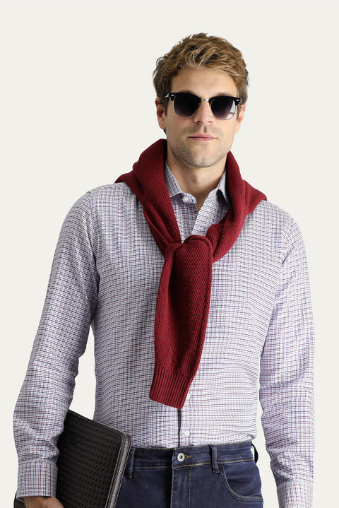 Koyu Bordo Uzun Kol Slim Fit Dar Kesim Desenli Pamuk Gömlek