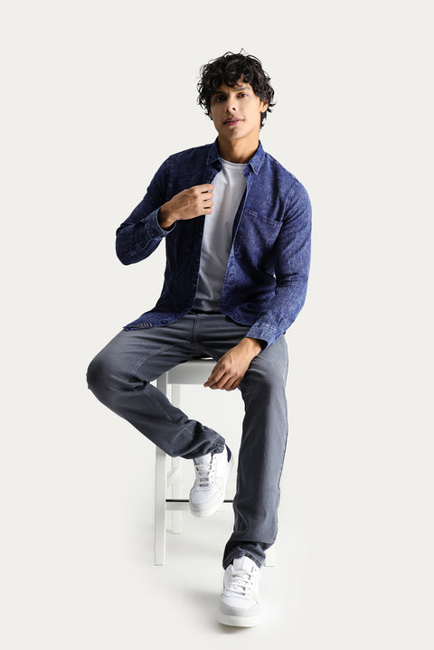 Koyu Lacivert Uzun Kol Slim Fit Dar Kesim Denim Görünümlü Spor Pamuk Gömlek