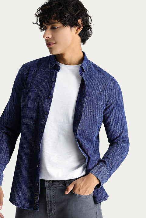 Koyu Lacivert Uzun Kol Slim Fit Dar Kesim Denim Görünümlü Spor Pamuk Gömlek