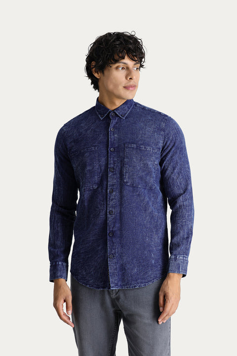 Koyu Lacivert Uzun Kol Slim Fit Dar Kesim Denim Görünümlü Spor Pamuk Gömlek