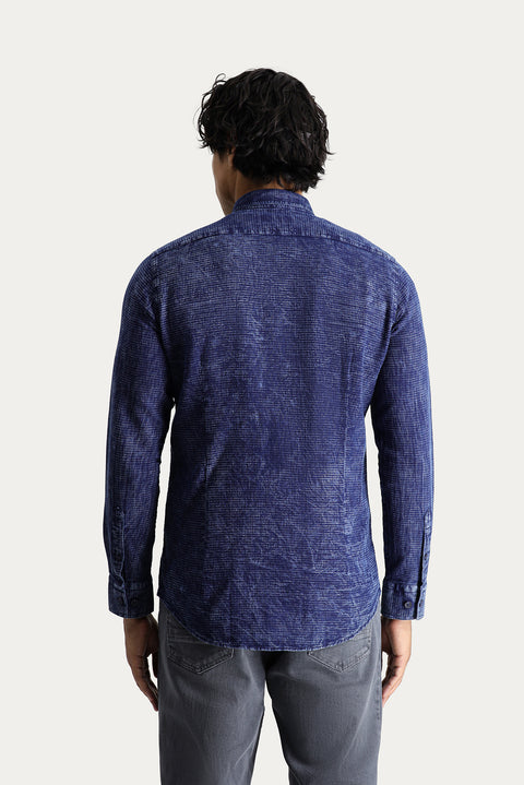 Koyu Lacivert Uzun Kol Slim Fit Dar Kesim Denim Görünümlü Spor Pamuk Gömlek