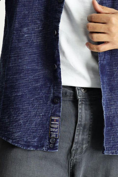 Koyu Lacivert Uzun Kol Slim Fit Dar Kesim Denim Görünümlü Spor Pamuk Gömlek