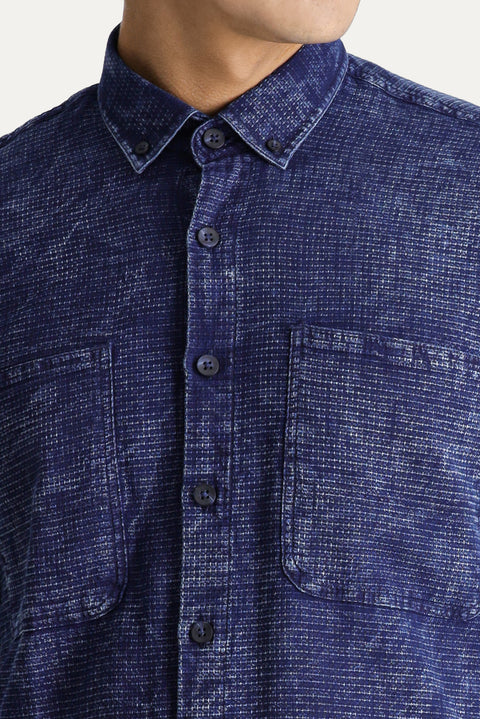 Koyu Lacivert Uzun Kol Slim Fit Dar Kesim Denim Görünümlü Spor Pamuk Gömlek