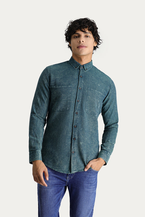 Koyu Yeşil Uzun Kol Slim Fit Dar Kesim Denim Görünümlü Spor Pamuk Gömlek