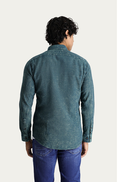 Koyu Yeşil Uzun Kol Slim Fit Dar Kesim Denim Görünümlü Spor Pamuk Gömlek