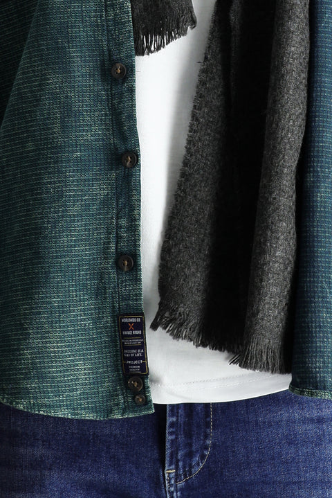 Koyu Yeşil Uzun Kol Slim Fit Dar Kesim Denim Görünümlü Spor Pamuk Gömlek