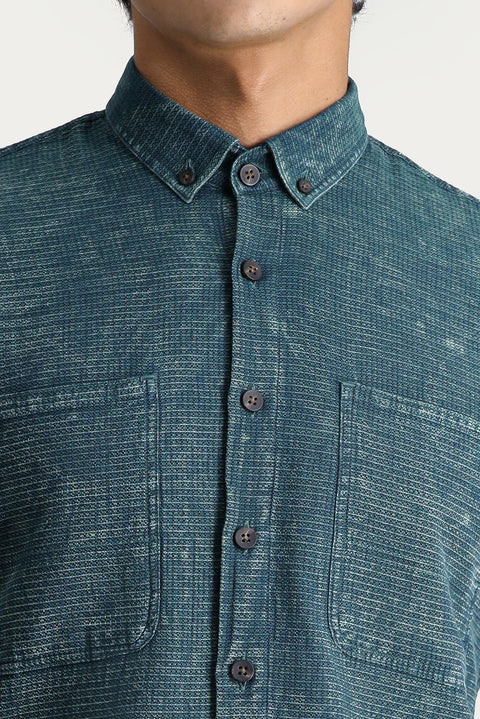 Koyu Yeşil Uzun Kol Slim Fit Dar Kesim Denim Görünümlü Spor Pamuk Gömlek