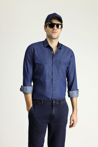  İndigo Uzun Kol Slim Fit Dar Kesim Denim Pamuk Gömlek
