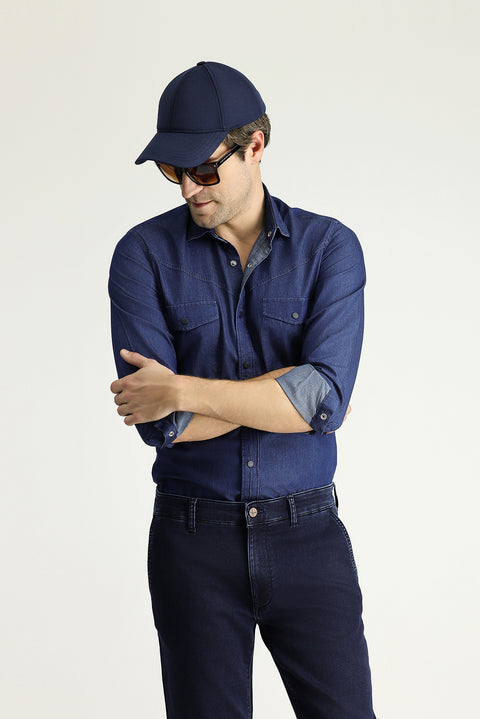 İndigo Uzun Kol Slim Fit Dar Kesim Denim Pamuk Gömlek