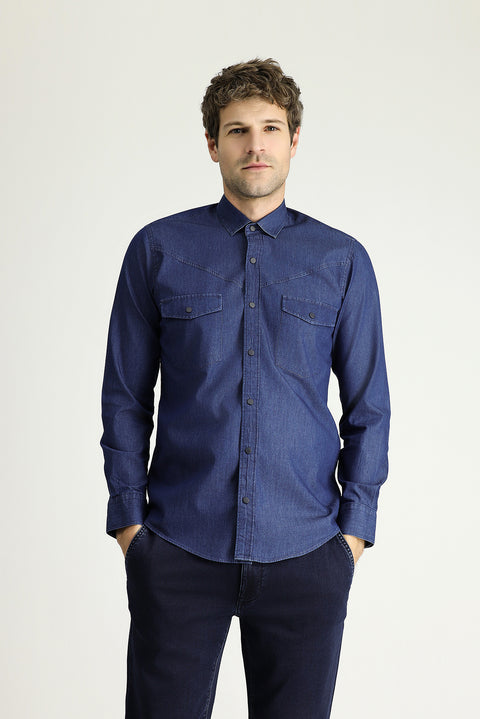 İndigo Uzun Kol Slim Fit Dar Kesim Denim Pamuk Gömlek