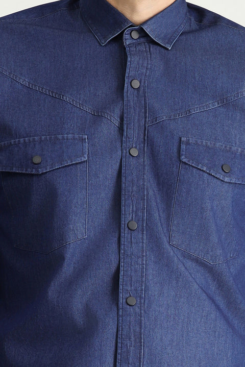 İndigo Uzun Kol Slim Fit Dar Kesim Denim Pamuk Gömlek
