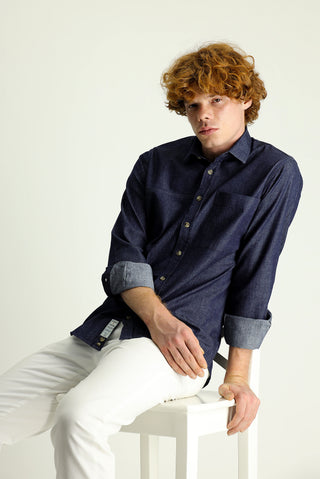  Orta Lacivert Uzun Kol Slim Fit Dar Kesim Denim Pamuk Gömlek-Ki??l?