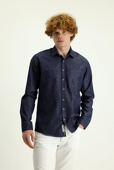 Orta Lacivert Uzun Kol Slim Fit Dar Kesim Denim Pamuk Gömlek
