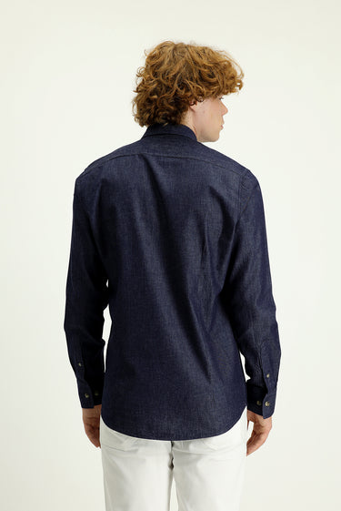 Orta Lacivert Uzun Kol Slim Fit Dar Kesim Denim Pamuk Gömlek