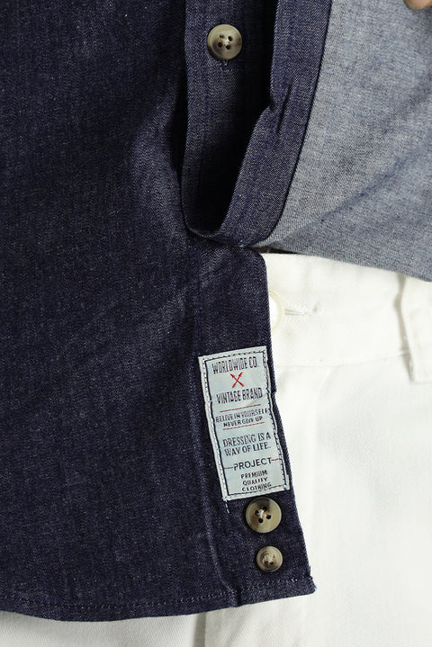 Orta Lacivert Uzun Kol Slim Fit Dar Kesim Denim Pamuk Gömlek