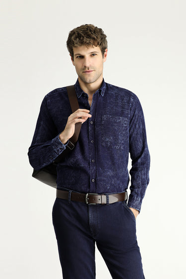 İndigo Uzun Kol Slim Fit Dar Kesim Denim Pamuk Gömlek