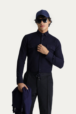  Koyu Lacivert Uzun Kol Slim Fit Dar Kesim Pamuk Spor Gömlek