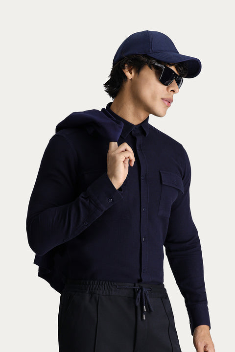 Koyu Lacivert Uzun Kol Slim Fit Dar Kesim Spor Pamuk Gömlek