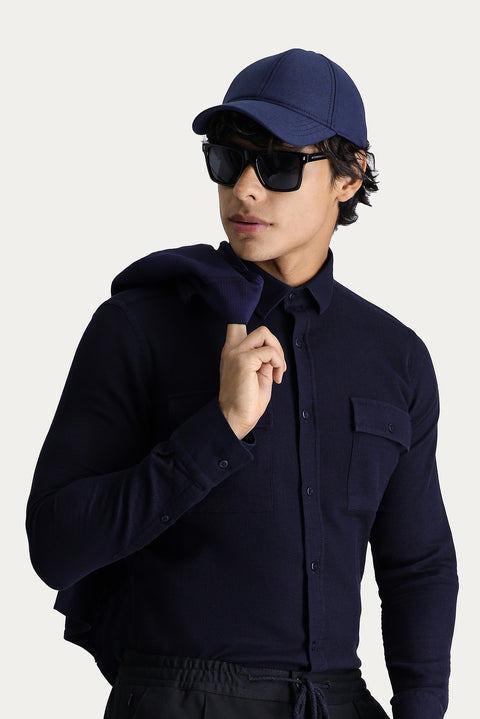 Koyu Lacivert Uzun Kol Slim Fit Dar Kesim Spor Pamuk Gömlek