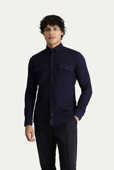 Koyu Lacivert Uzun Kol Slim Fit Dar Kesim Pamuk Spor Gömlek
