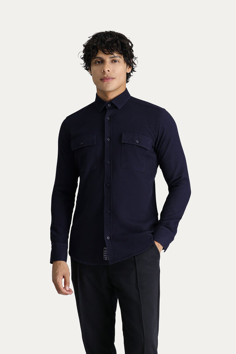 Koyu Lacivert Uzun Kol Slim Fit Dar Kesim Spor Pamuk Gömlek