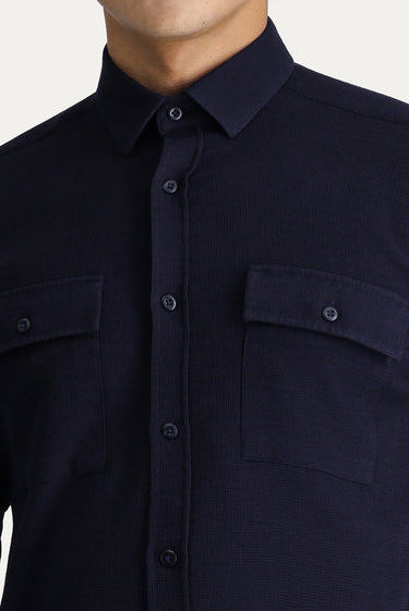 Koyu Lacivert Uzun Kol Slim Fit Dar Kesim Spor Pamuk Gömlek