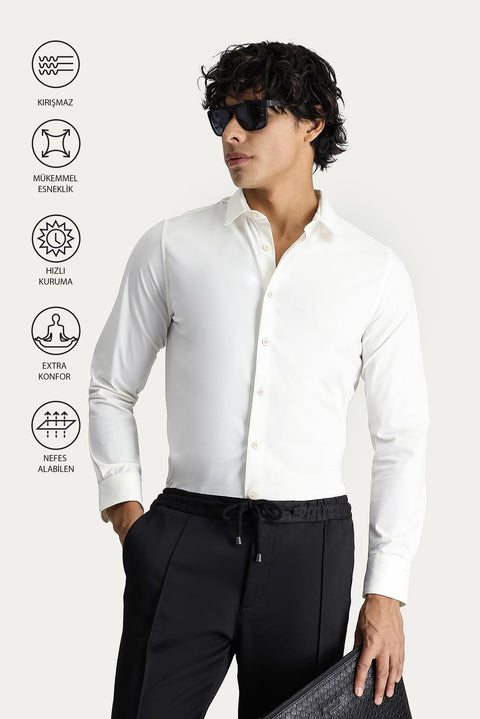 Beyaz Techno-Line Uzun Kol Slim Fit Dar Kesim Gömlek