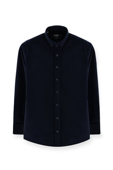 Koyu Lacivert Uzun Kol Slim Fit Dar Kesim Pamuklu Düğmeli Yaka Kadife Gömlek